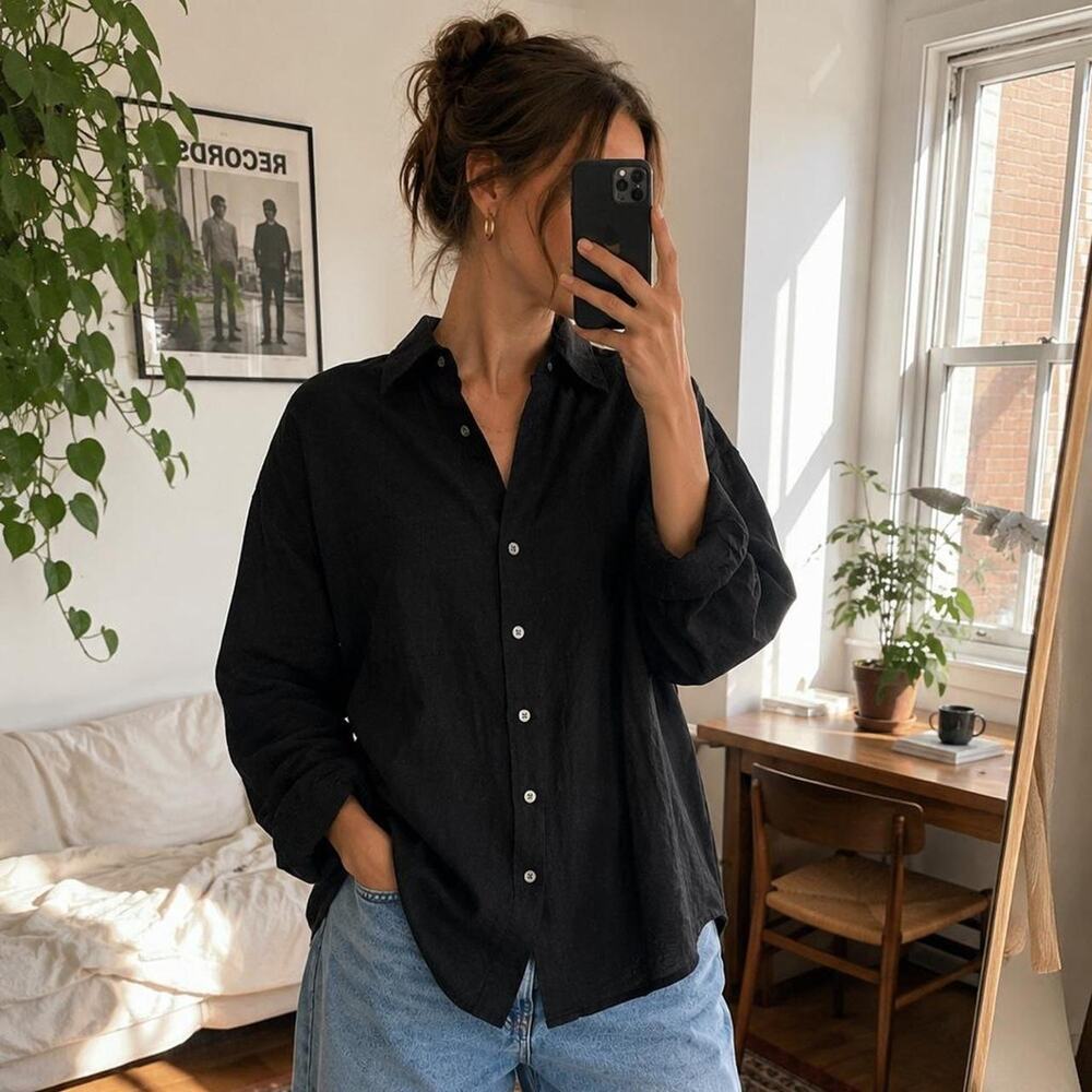 Lord & Taylor Woman Black 100% Linen Button Down Shirt Plus Size 3X